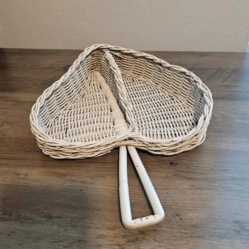Vintage Heart Wicker Basket Divided Serving Tray Boho Handle White Wash Cottage